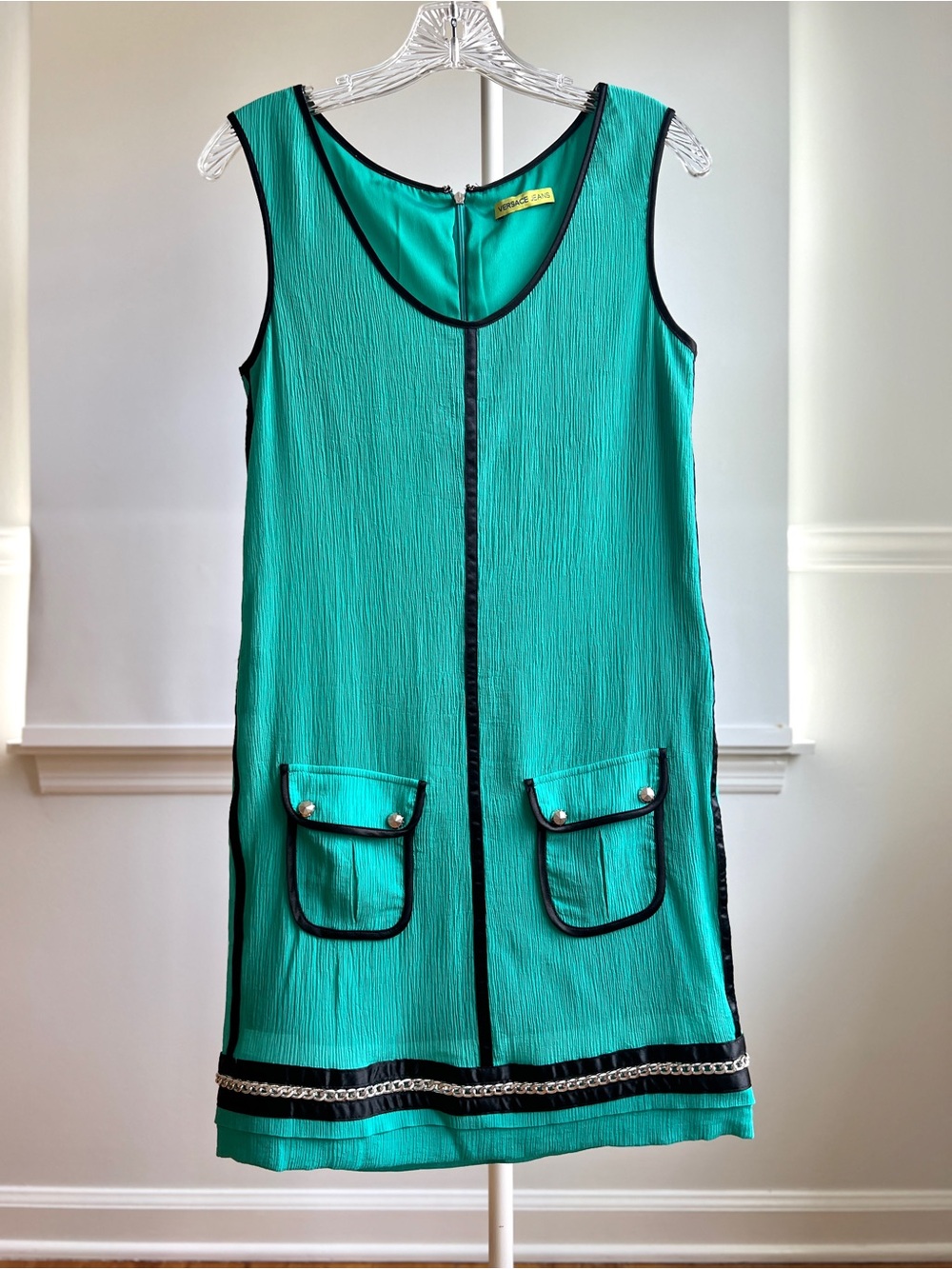 Versace Jeans Teal Green Plissé Shift Dress Crinkle Metal Chain Trim Italy IT40